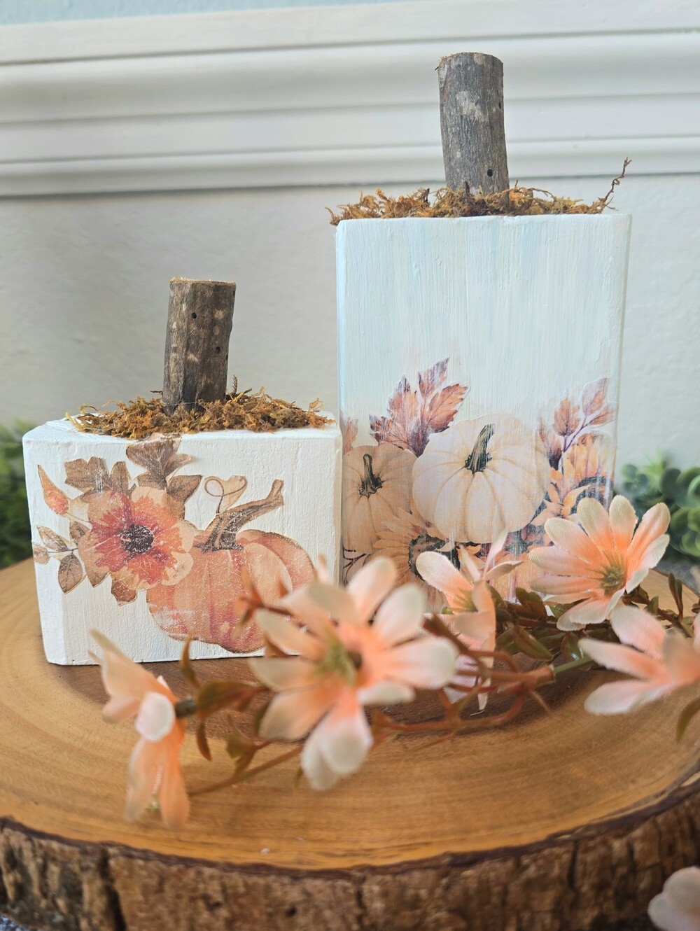 White Pumpkin Decorative Blocks with Autumn Floral Accents